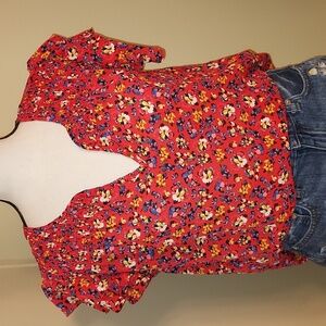Vince Camuto Red and Blue Floral Blouse With Flutter Sleeves